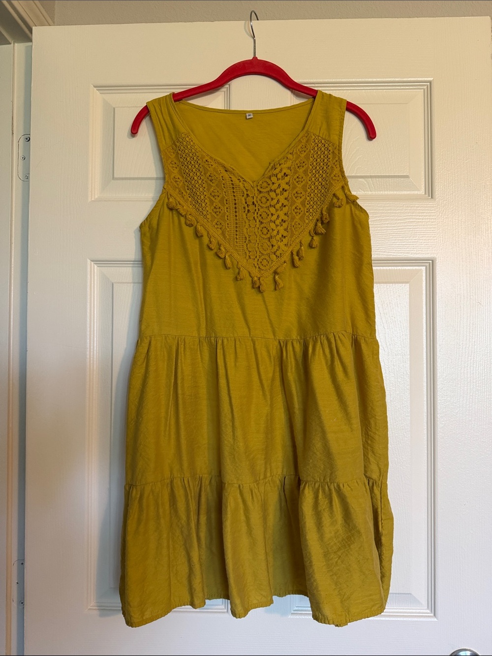 Sleeveless Crochet V-Neck Tiered Midi Dress in Mustard